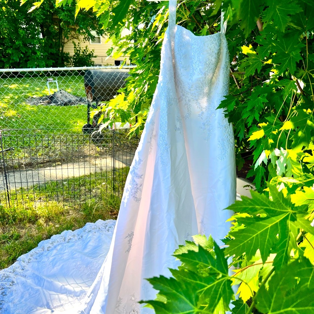 Beautiful plus size white beaded with train Wedding Dress. David’s Bridal.